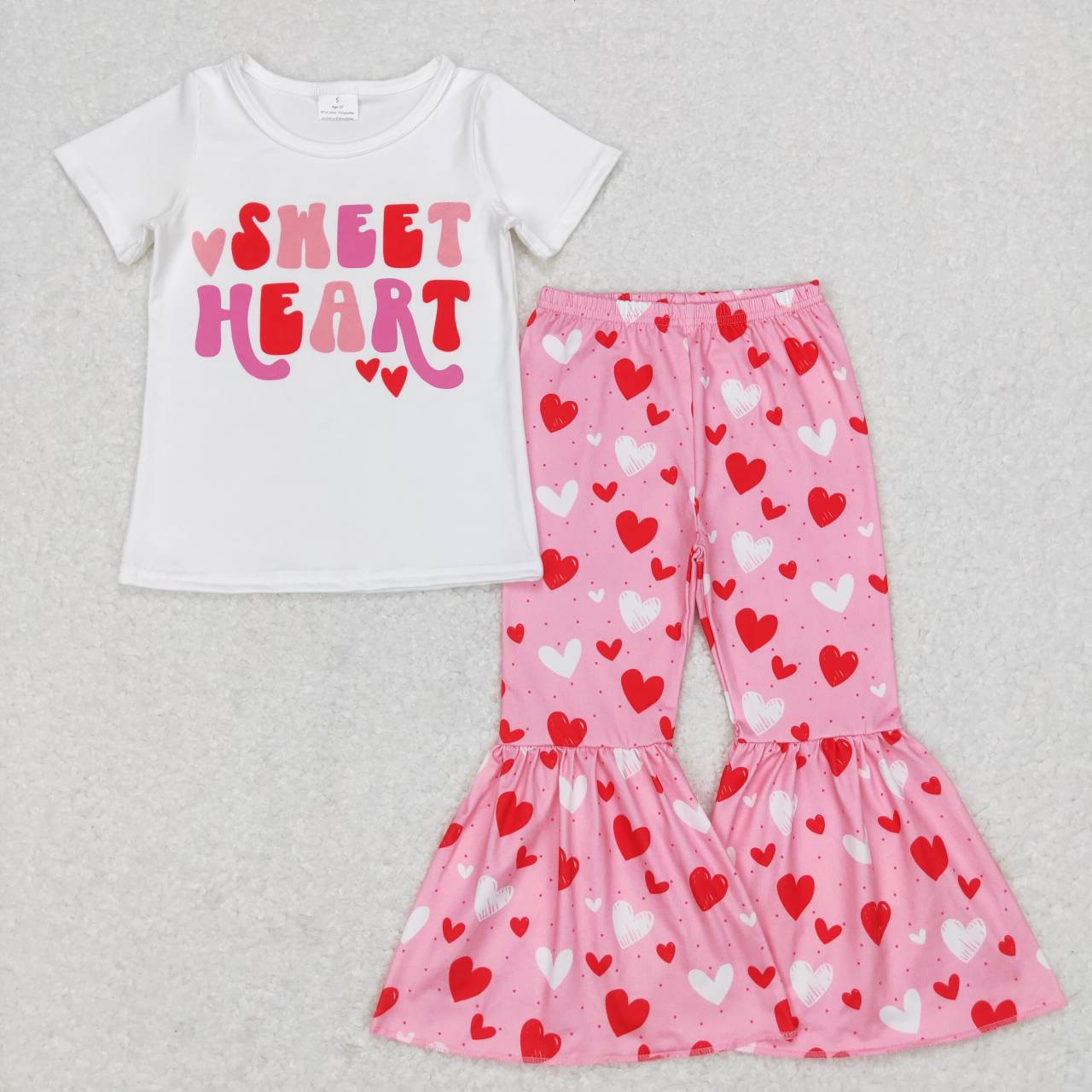 GSPO0984 Valentine Love Sweet Heart Pink Girls Short Sleeve Bell Bottom Pants Outfits