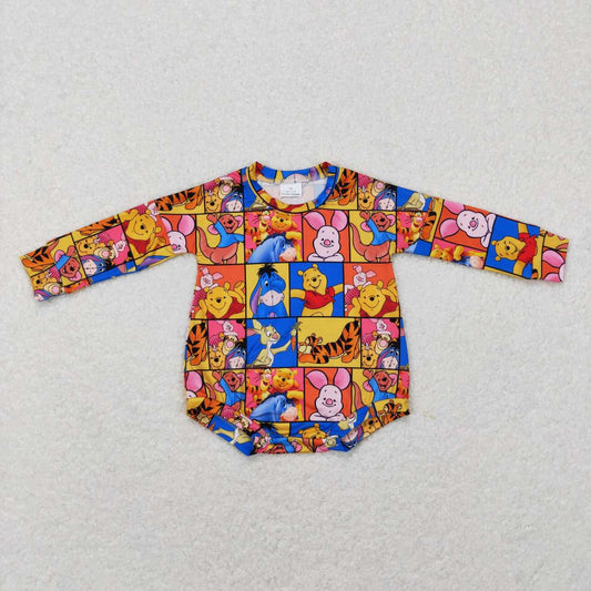 LR0741 Yellow blue Bear cartoon  Girls Long Sleeve Romper