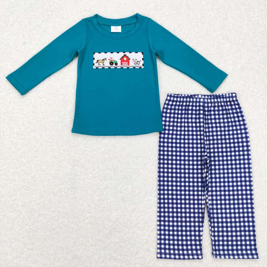 BLP0398 Blue farm cow   Embroidery  Girls Long Sleeve Pants Outfits