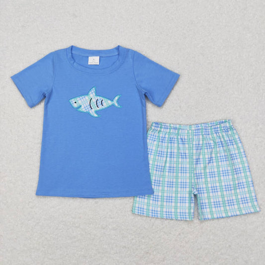 BSSO0284 Blue Fish Embroidery Boys Short Sleeve Shorts Outfits