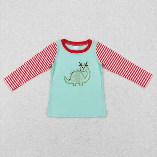 BT0422 Christmas Red green Embroidery Girls Long Sleeve Top T-shirts