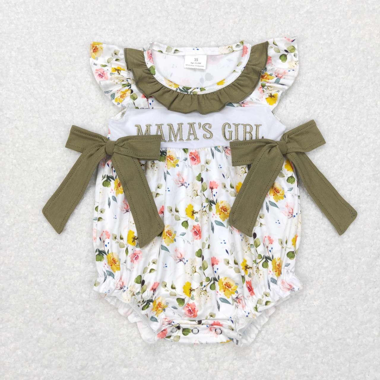 SR0478 Mama's Girl Green Floral Bow Embroidery Girls Short Sleeve Romper