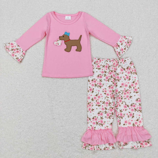 GLP0937 Valentine Love  Pink Dog Floral  Embroidery  Girls Long Sleeve Pants Outfits