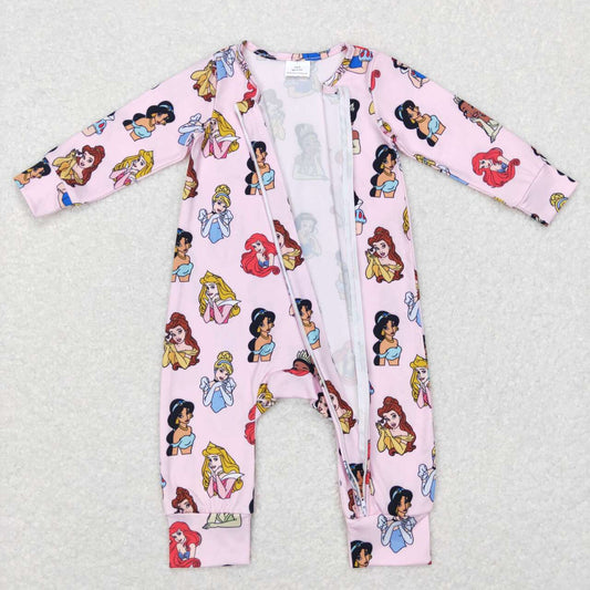 LR0800 princess cartoon Pink  Zipper Girls Long Sleeve Romper