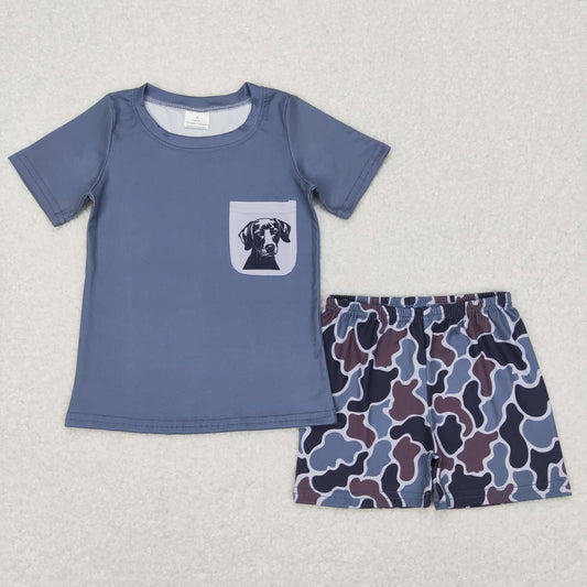 BSSO0304 Blue Dog camoPocket Boys Short Sleeve Shorts Outfits