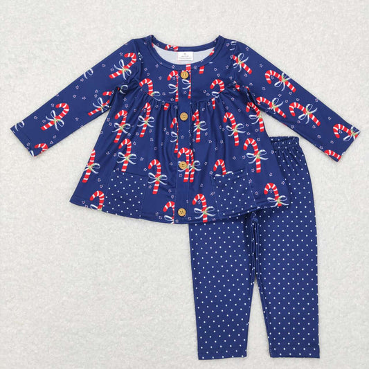 GLP0992  Christmas Blue Pocket  Girls Long Sleeve Pants Outfits