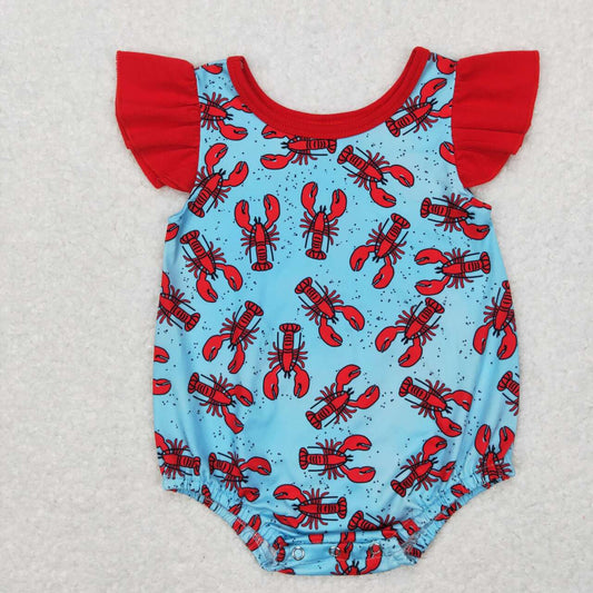 SR0458 Red Blue crawfish Girls Short Sleeve Romper