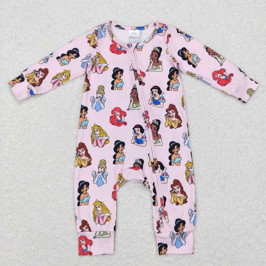 LR0800 princess cartoon Pink  Zipper Girls Long Sleeve Romper