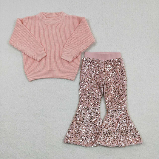 2pcs Pink Sweater  Sequin Girls Short Sleeve Bell Bottom Pants Outfits