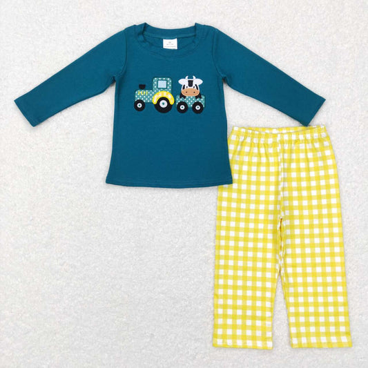 BLP0196 Blue Cow farm truck yellow Embroidery Boys Long Sleeve Pants Outfits