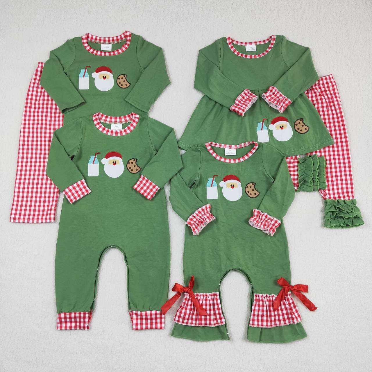 LR0232 Christmas Milk Santa Cake Cookies Green Red Plaid Embroidery Boys Long Sleeve Romper