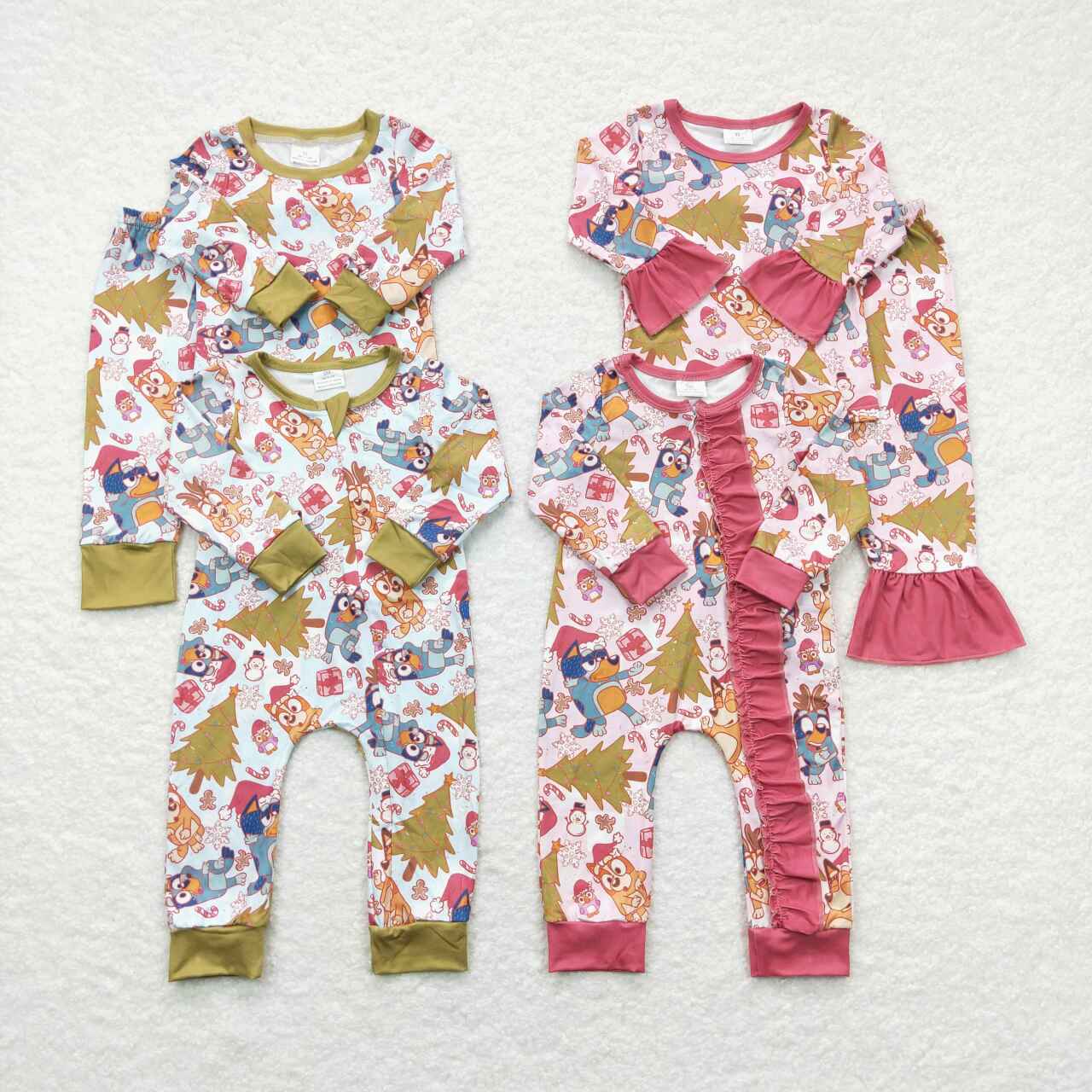 BLP0258 Christmas Pink Blue Dog Cartoon  Boys Long Sleeve Pants Outfits Pajamas