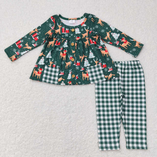 GLP0990   Christmas Green Deer Pocket  Girls Long Sleeve Pants Outfits