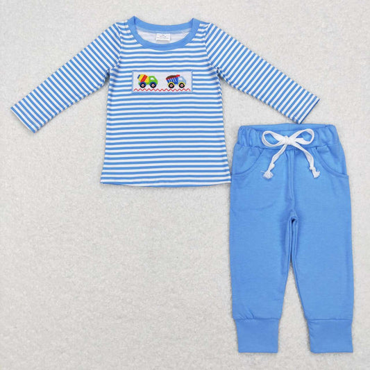 BLP0393 Blue Truck Car Embroidery  Girls Long Sleeve Pants Outfits