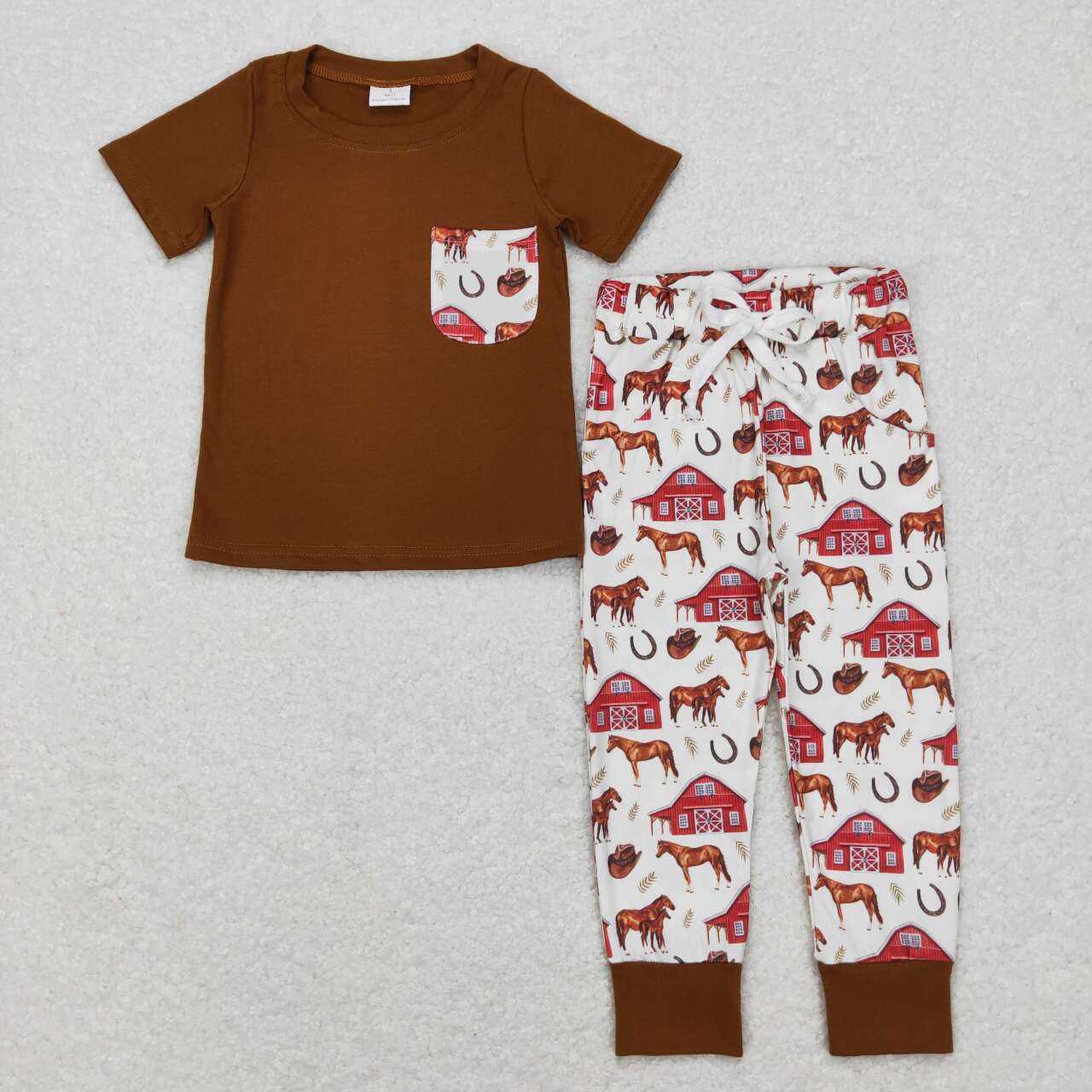 BSPO0207  Brown Red farm horse Pocket  Boys Short Sleeve Bell Bottom Pants Outfits