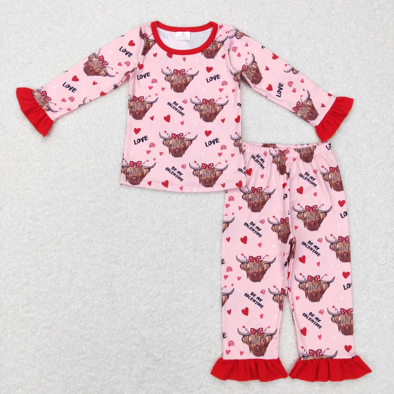 GLP0998 Valentine Love Cow Pink Red Girls Long Sleeve Pants Outfits Pajamas