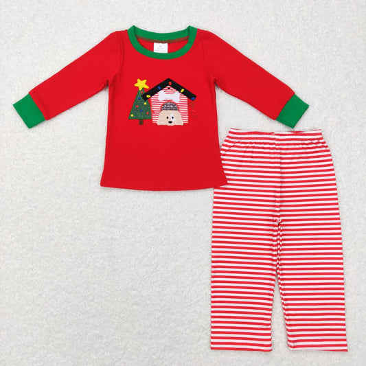 BLP0331 Christmas Red Green Tree Dog Embroidery Boys Long Sleeve Pants Outfits Pajamas