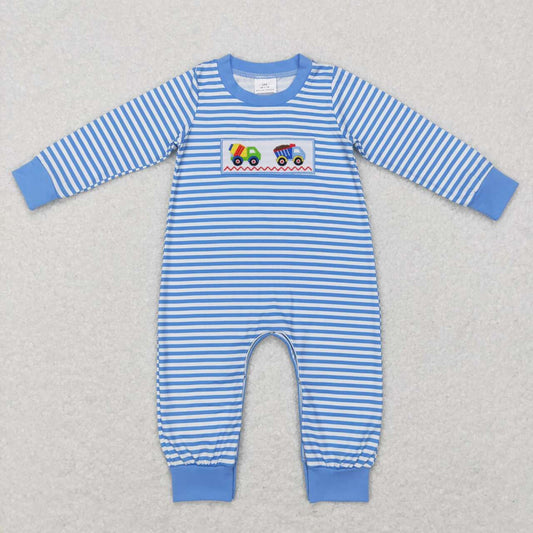 LR0750 Blue Built Truck Car  Embroidery  Boys Long Sleeve Romper