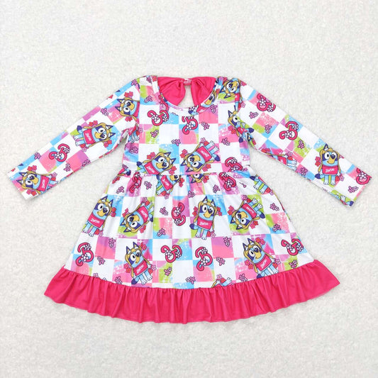 GLD0477 Pink Blue Dog B Cartoon  Girls Long Sleeve Dresses