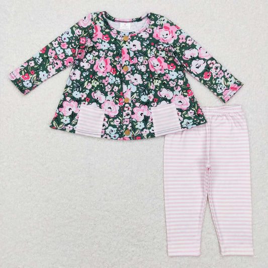 GLP0994  Pink Floral  Pockets Girls Long Sleeve Pants Outfits