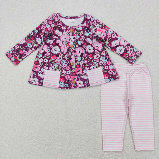 GLP0995  Purple Floral  Pockets Girls Long Sleeve Pants Outfits