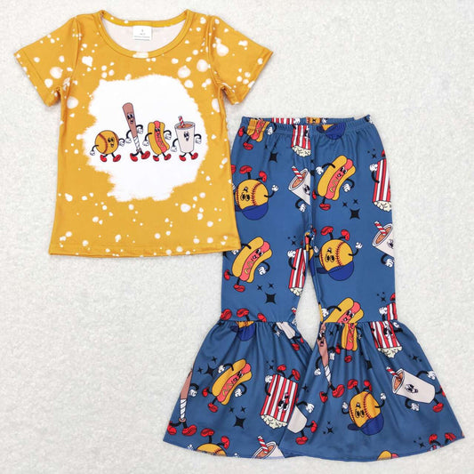 GSPO0965 4th of July Yellow Blue Softball Hamburger  Girls Short Sleeve Pants Outfits