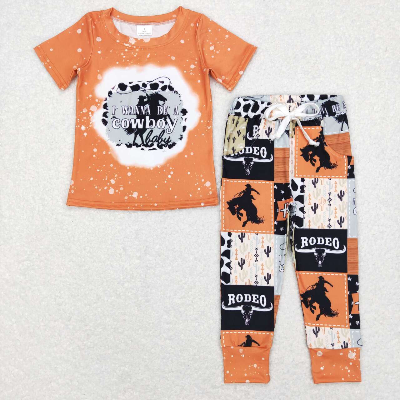 BSPO0209 Orange be a Cowboy Rodeo   Boys Short Sleeve Pants Outfits