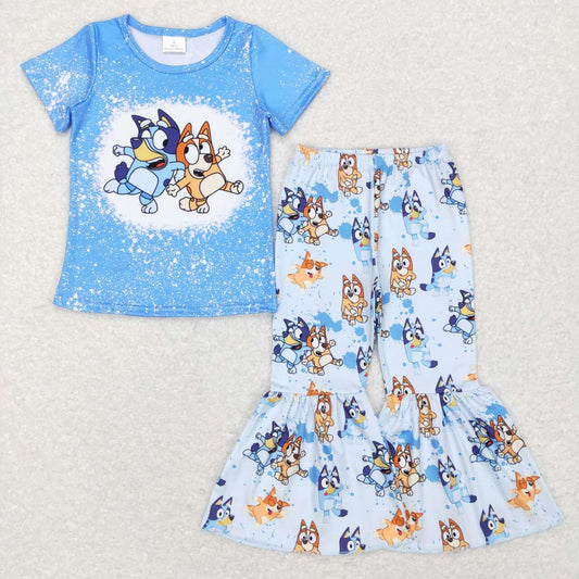 GSPO1059 Blue Dog Cartoon   Girls Short Sleeve Bell Bottom Pants Outfits