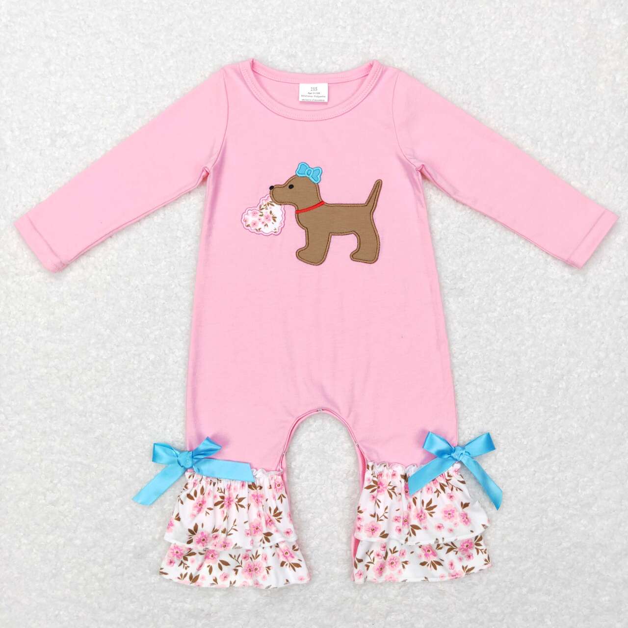 LR0789 valentine love Pink dog  Embroidery Girls Long Sleeve Romper