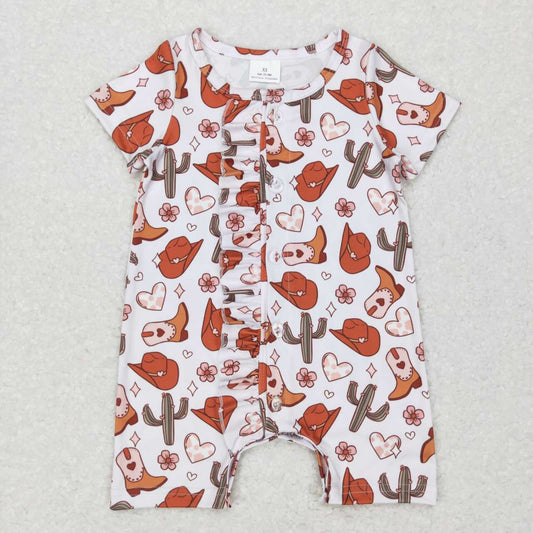 SR0522 Love Valentine cactus western Girls Short Sleeve Romper