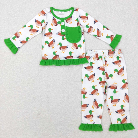 GLP1016 Green Duck  Girls Long Sleeve Pants Outfits Pajamas