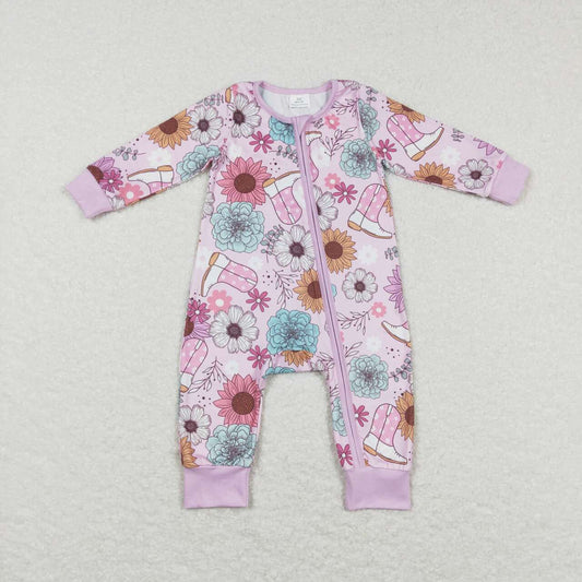 LR0801 Pink Boots cowboy Floral Zipper Girls Long Sleeve Romper