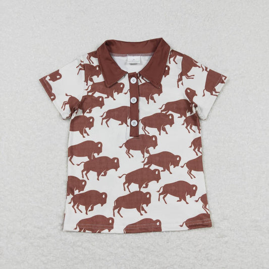 BT0175 Brown Highland Cow Boys Short Sleeve Top Collar T-Shirts