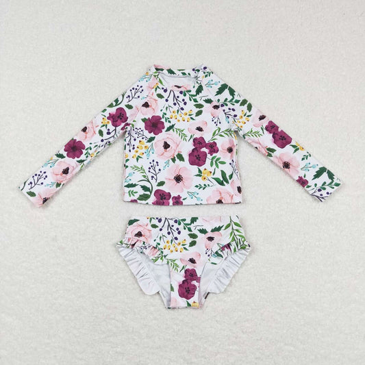 S0180 Pink Floral  Girls Swimming Bathing Suits Swimsuits