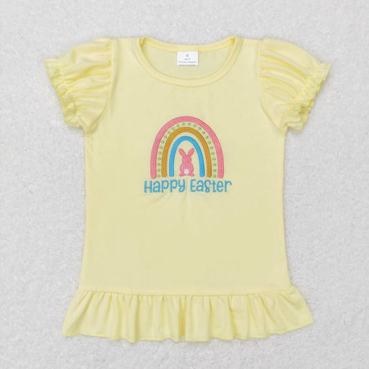 GT0392 Happy Easter Yellow rainbow Embroidery Girls Short Sleeve Top T-shirts