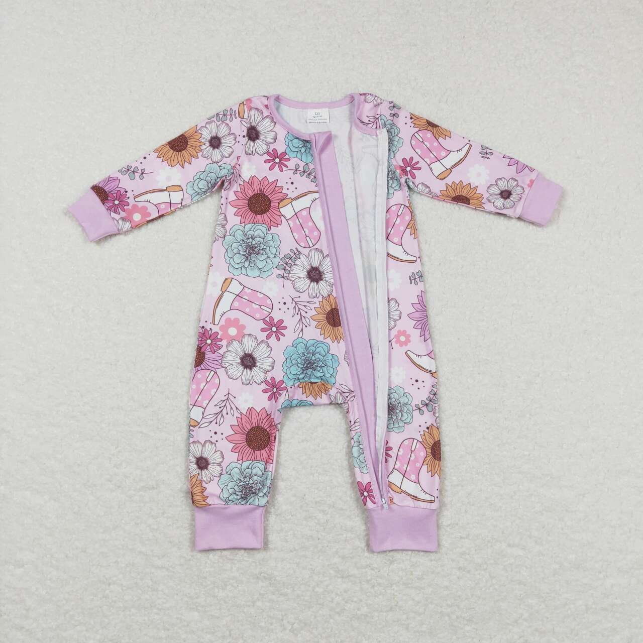 LR0801 Pink Boots cowboy Floral Zipper Girls Long Sleeve Romper