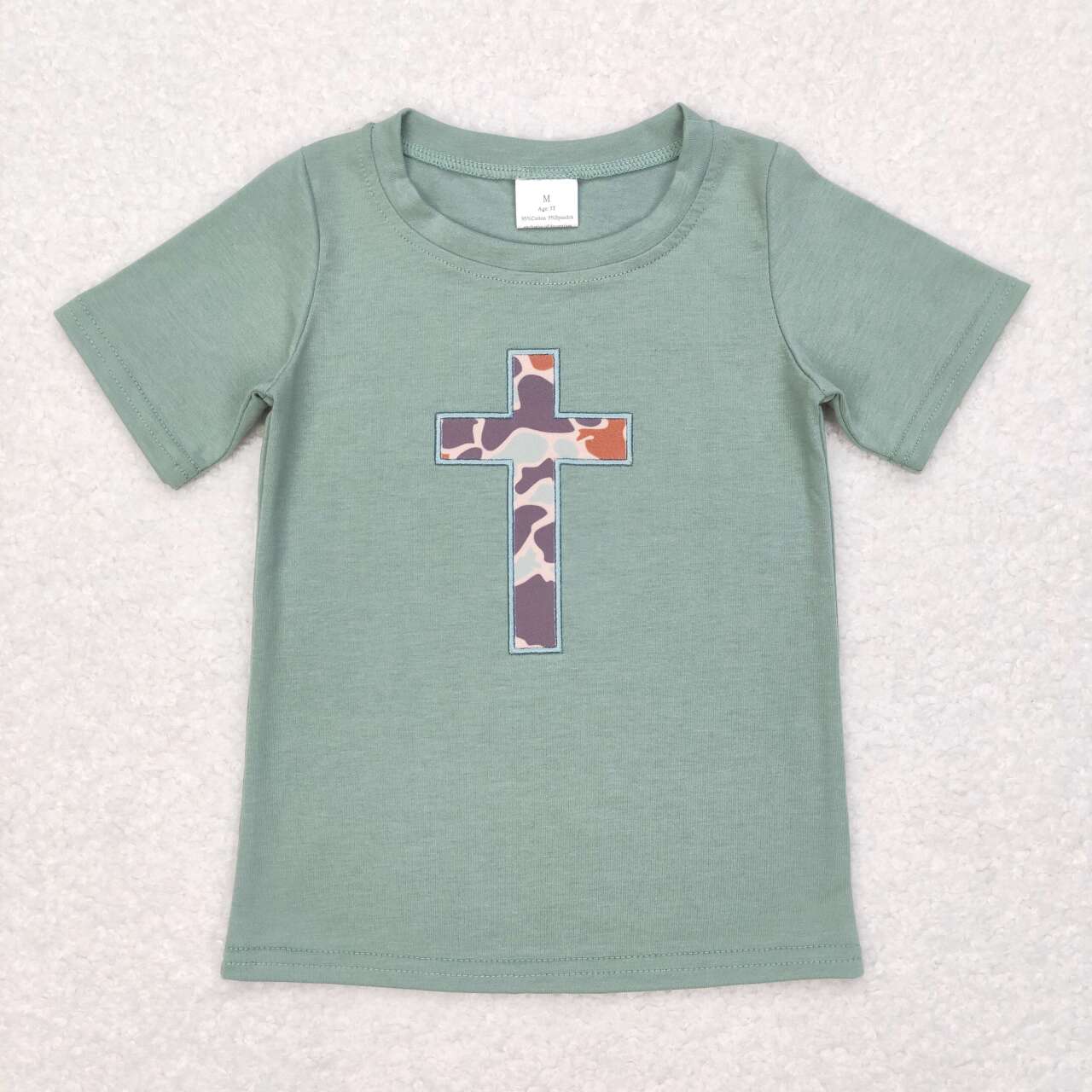 BT0443 Easter Green cross  Embroidery Boys Short Sleeve Top T-shirts