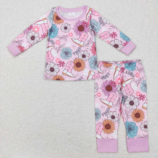 GLP0977 Pink Boots cowboy Floral Girls Long Sleeve Pants Outfits Pajamas