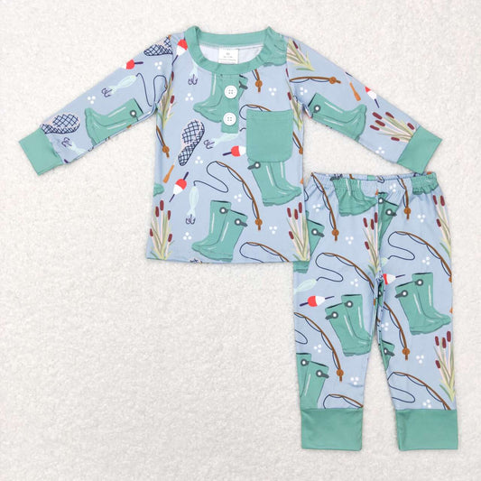 BLP0333 Green Blue Fish  Boys Long Sleeve Pants Outfits Pajamas