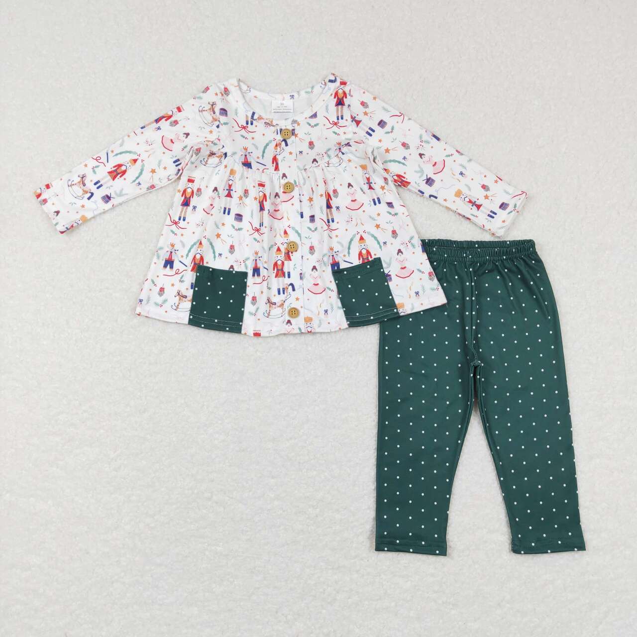 GLP0991   Christmas Green santa Pocket  Girls Long Sleeve Pants Outfits