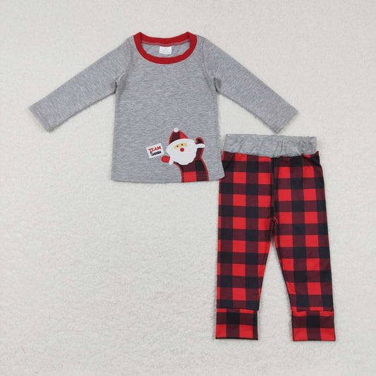 BLP0334  Christmas  Red Santa Cartoon Embroidery Boys Long Sleeve Pants Outfits