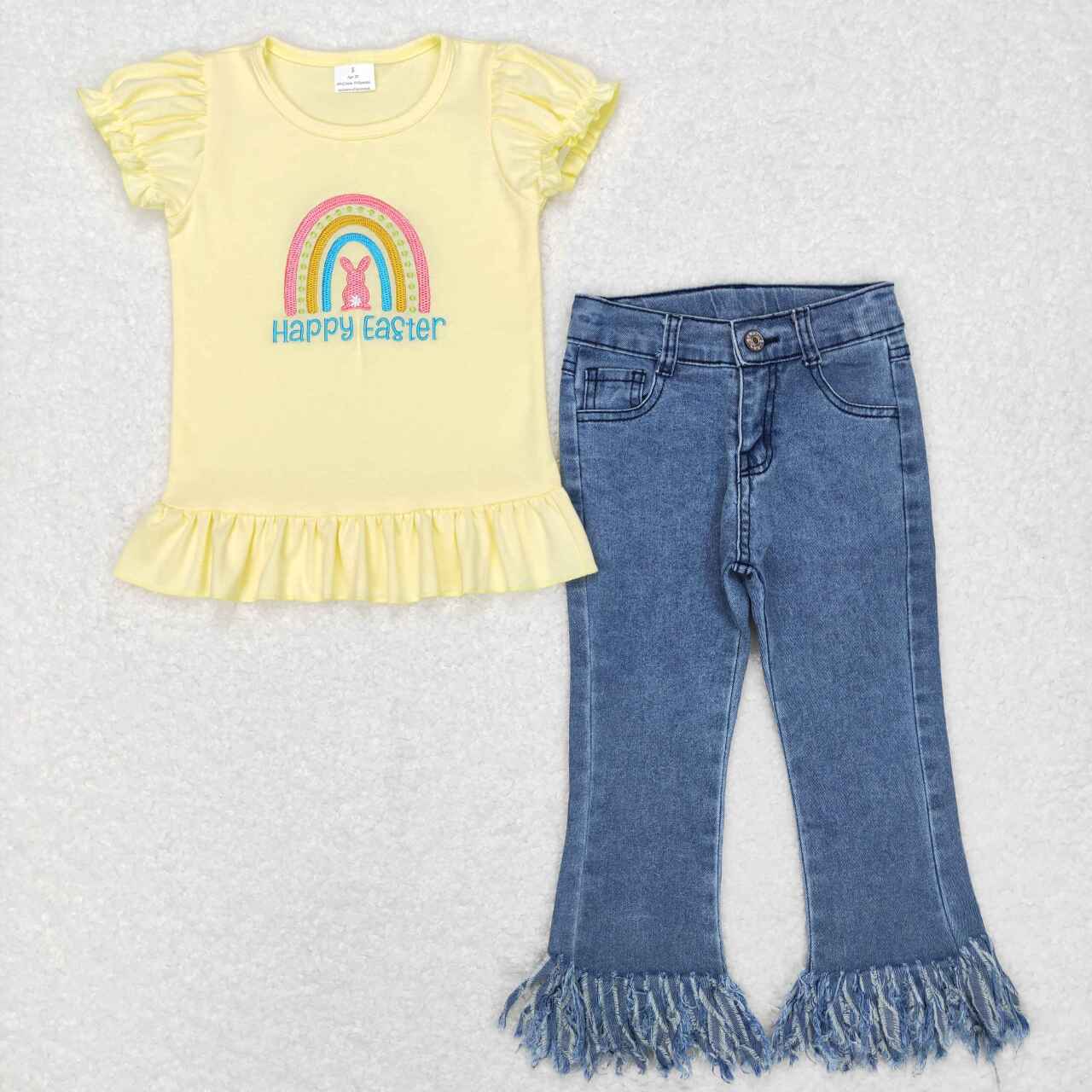 2Pcs yellow rabbit easter Denim Girls Short Sleeve Bell Bottom Pants Outfits