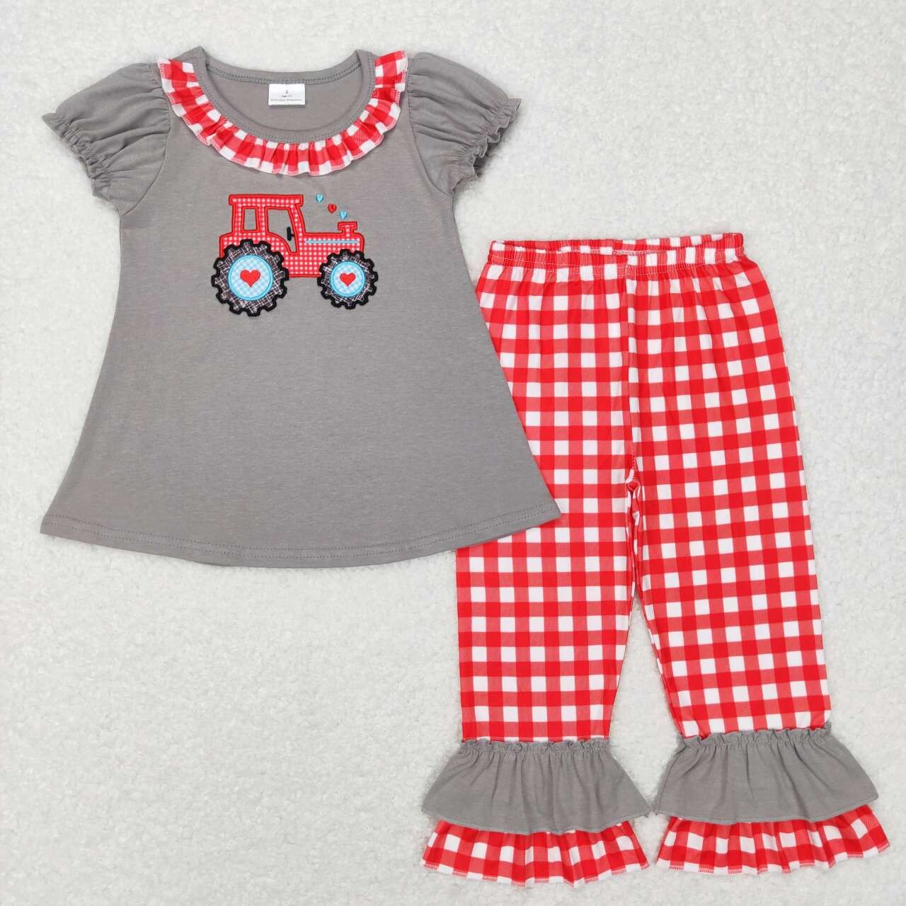 GSPO0972 Valentine Love Red  Truck Embroidery  Girls Short Sleeve Bell Bottom Pants Outfits