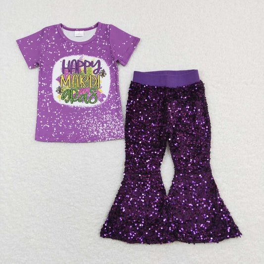 2pcs mardi gras purple Sequin Girls Short Sleeve Bell Bottom Pants Outfits