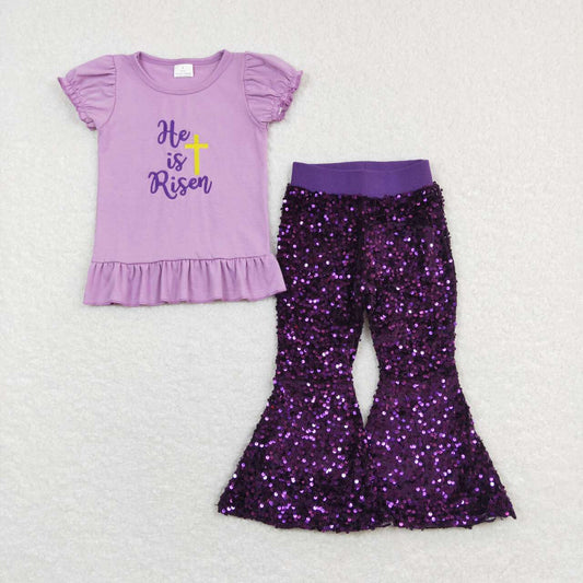 2pcs easter purple Sequin Girls Short Sleeve Bell Bottom Pants Outfits