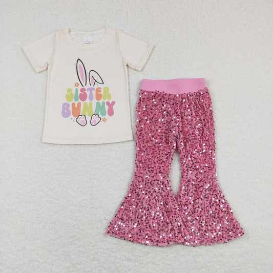 2pcs easter pink Sequin Girls Short Sleeve Bell Bottom Pants Outfits