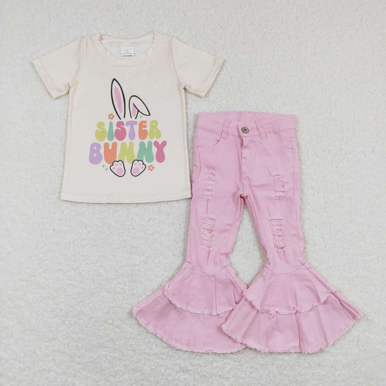 2Pcs pink rabbit easter Denim Girls Short Sleeve Bell Bottom Pants Outfits