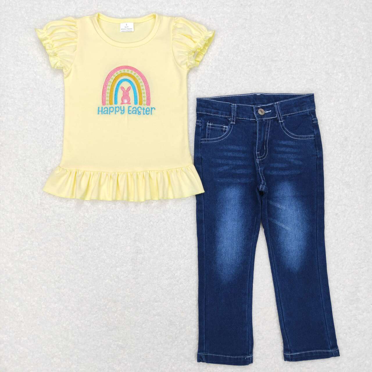 2Pcs yellow rabbit easter Denim Girls Short Sleeve Bell Bottom Pants Outfits