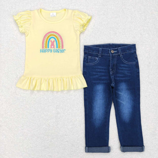 2Pcs yellow rabbit easter Denim Girls Short Sleeve Bell Bottom Pants Outfits