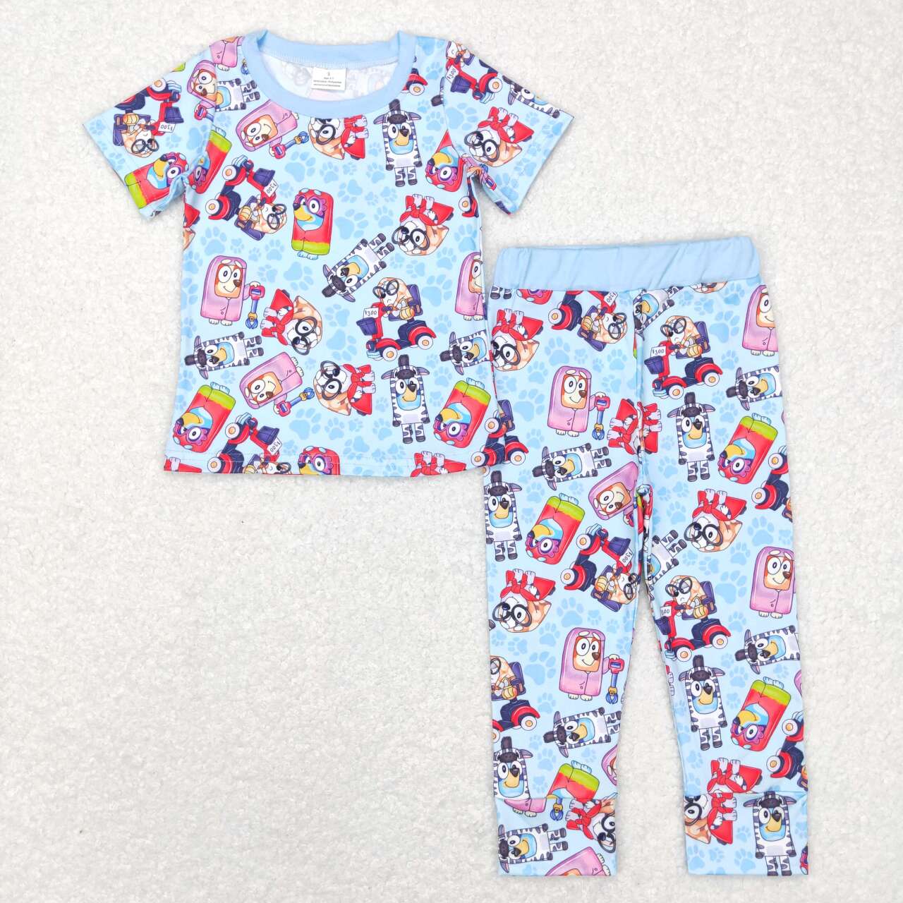 BSPO0249 Pink Blue Dog Cartoon  Boys Short Sleeve Pants Outfits